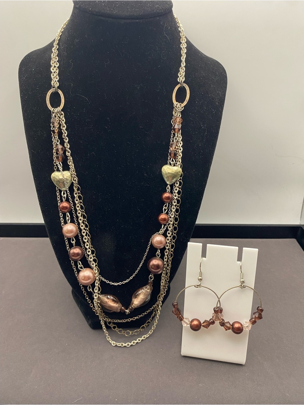 Multi-Strand Silver Tone & Glass Bead Necklace with Matching Hoop Earrings